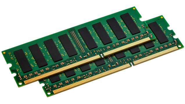 Two green RAM modules with black chips and gold connectors
