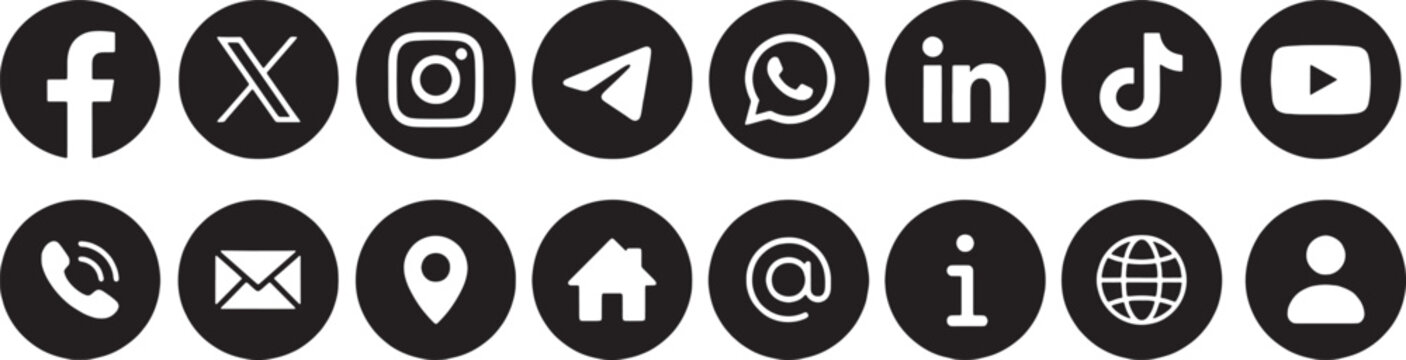 Essential Social Media and Contact Icons - Black Circular Vector Set for Business Cards and Web UI