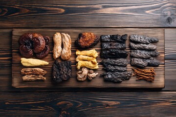 Fototapeta premium Assortment of dried medicinal mushrooms and herbs arranged on a rustic wooden board, top view.