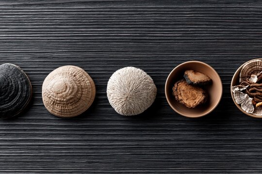 A collection of dried medicinal mushrooms and roots arranged on a dark textured background, top view.