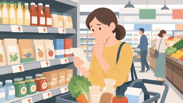 A woman looking concerned about rising prices while checking her shopping list in a grocery store, symbolizing inflation and household budget challenges.
