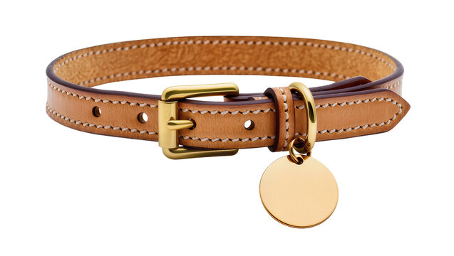 Brown Leather Dog Collar with Brass Buckle and Round Tag