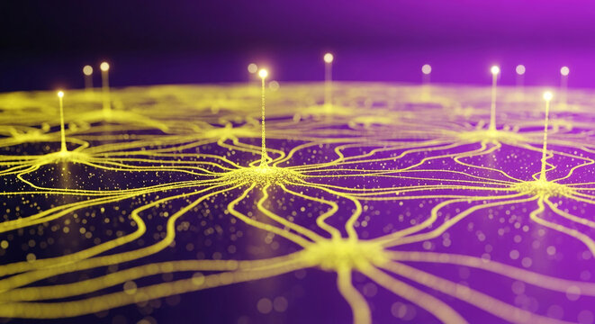 Abstract yellow network of glowing lines and nodes on a purple background, symbolizing connection, data flow, and technology