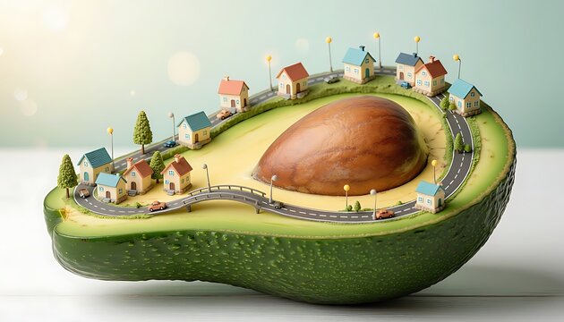 A miniature village nestled within a halved avocado, showcasing a unique blend of nature and urban life