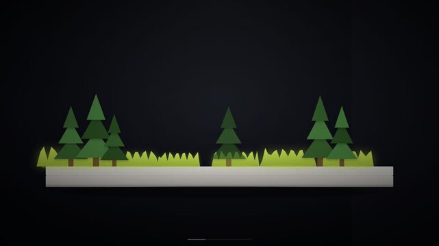 A flat vector motion graphics animation showing a generic bank building being built piece by piece, surrounded by pine trees and grass on a dark background