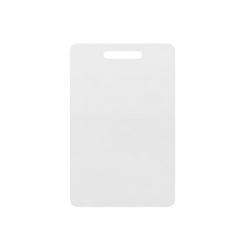 Blank white plastic identification badge with a slot for a lanyard or clip for office access control