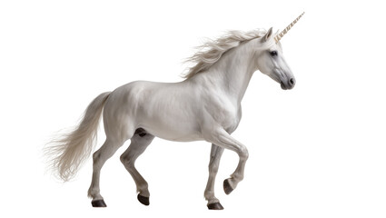 White unicorn with flowing mane and tail, spiraled horn © Hannah