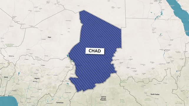 Borders of the state of Chad on the map. Country Chad on the map is highlighted by a polygonal border. Map animation. From above zooming in with panoramic view