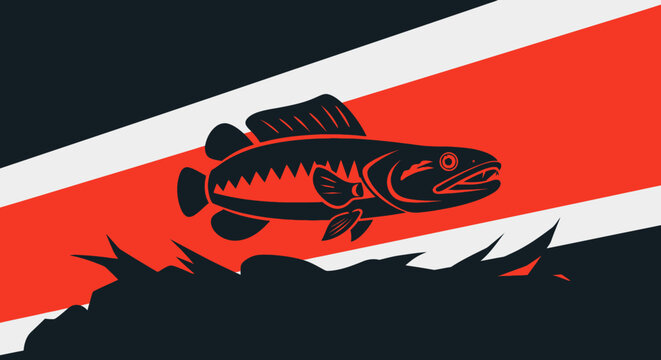 Black Snakehead Fish Silhouette on Abstract Red and Black Background
