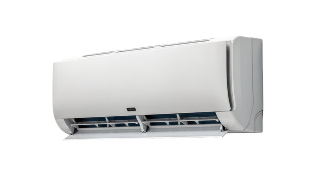 Modern white split air conditioner unit with open louvers