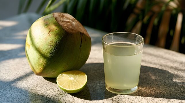 Vibrant coconut water is displayed under soft morning light conveying a fresh and energizing tropical mood