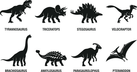 Dinosaur silhouette collection vector set with tyrannosaurus triceratops stegosaurus and brachiosaurus isolated icons on white silhouette collection vector set with tyrannosaurus triceratops  © Madu