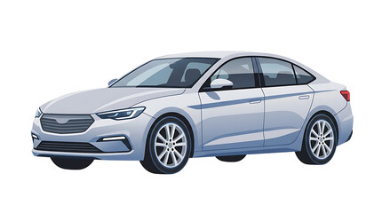 Fototapeta premium Front three-quarter view of a silver sedan car, realistic of a passenger vehicle, isolated on a white background