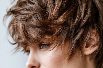 Naklejka premium Close-up profile of a young woman's face with tousled brown hair and a subtle, thoughtful expression.