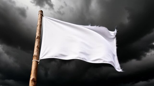Blank White Flag Waving On Wooden Pole Under Stormy Sky