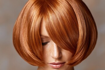 Naklejka premium Close-up portrait of a woman with vibrant auburn bob haircut and natural freckles, looking down.