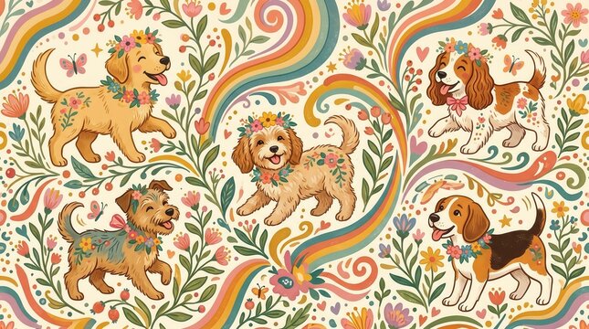Smiling, flower-ribboned puppies frolic in a bright rainbow field
