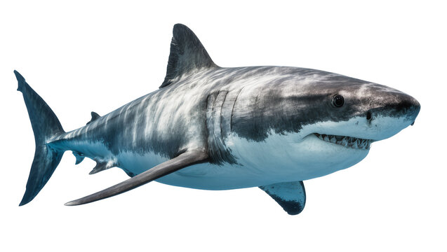 Great white shark swimming, showing sharp teeth and powerful body