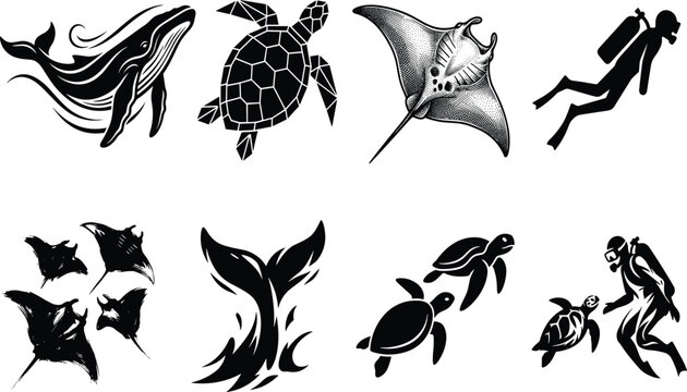 Marine Life Silhouette Collection Featuring Whale Sea Turtle Stingray Diver and Ocean Wildlife Vector Life Silhouette Collection Featuring Whale Sea Turtle Stingray Diver and Ocean Wildlife Vector Set