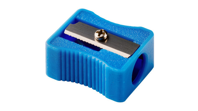 Blue plastic pencil sharpener with metal blade and screw