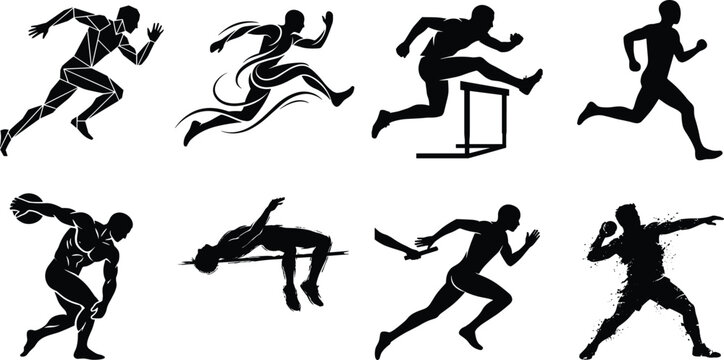 Set of track and field athletes silhouettes including sprinting hurdling high jump discus throw and relay runners on white of track and field athletes silhouettes including sprinting hurdling high  