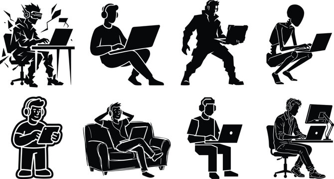 Set of black and white silhouettes depicting people working on laptops, gaming, wearing headphones, and using digital technology of black and white silhouettes depicting people working on laptops.