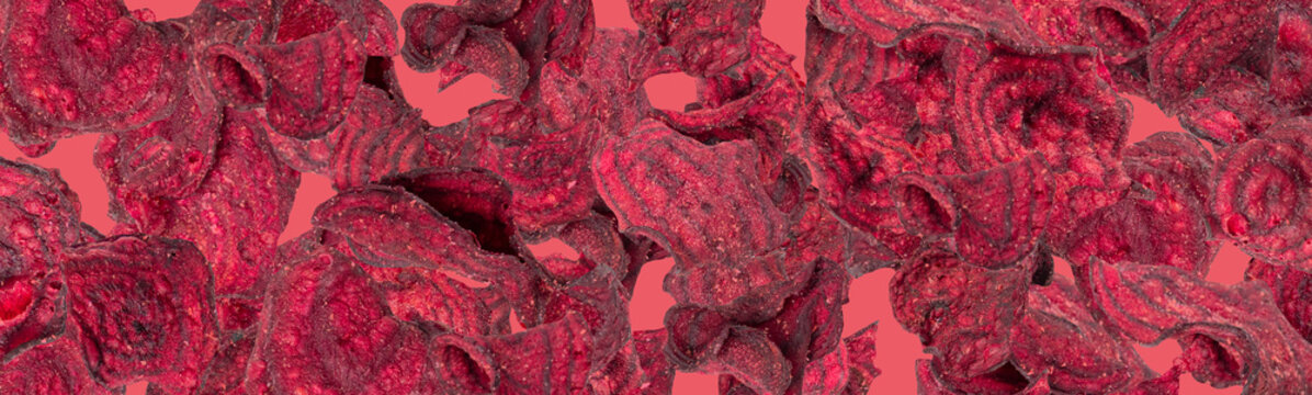 Dry beetroot chips pattern, dried sliced red beet flakes