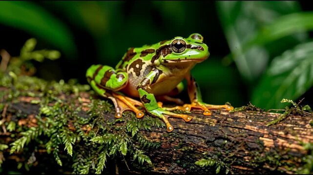 Vibrant green tree frog with brown markings perched on mossy branch
