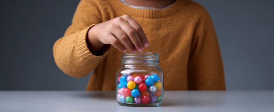 Savings jar filled with colorful marbles and a toddler's hand reaching in.