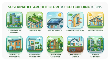 Fototapeta premium Eco Architecture Icon Set With Green Buildings Solar Panels and Sustainable Design Elements