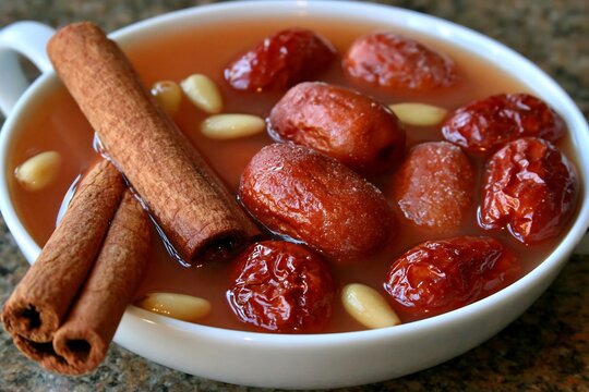 Traditional Chinese Wolfberry and Date Congee with Cinnamon Sticks in White Bowl