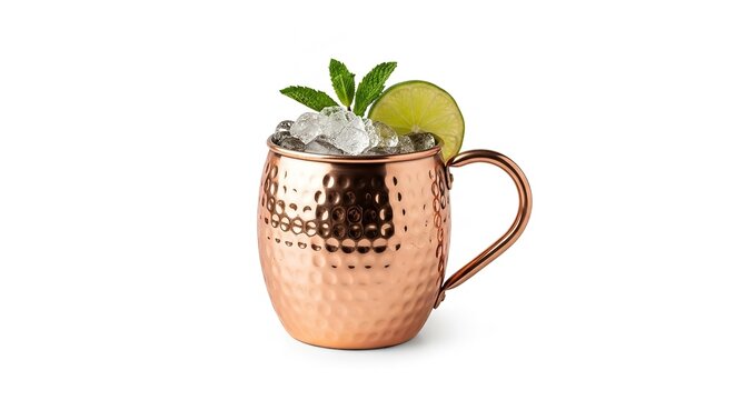 Refreshing moscow mule cocktail served in a hammered copper mug featuring lime and mint on white background