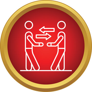 Two outline figures with opposing arrows symbolizing communication, exchange, and interaction