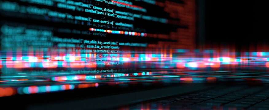 A radiant digital data stream with vivid glitch effects on a dark high-tech screen 