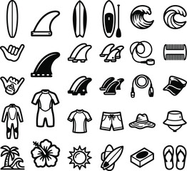 Fototapeta premium Collection of surfboards, accessories, and beachwear icons in black