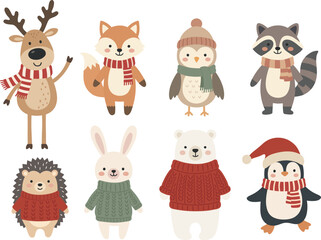Naklejka premium Christmas cute winter animal clipart set with reindeer, fox, owl, raccoon, hedgehog, bunny, bear, penguin on white background