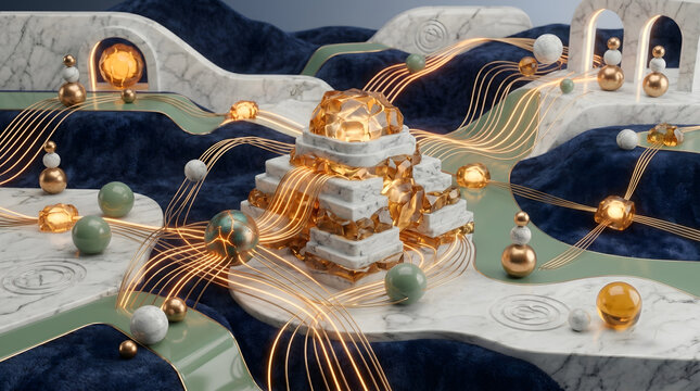 Abstract stepped marble node with glowing golden core and sweeping copper wires