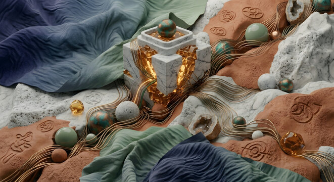 Fractured marble node with glowing amber core and copper wires