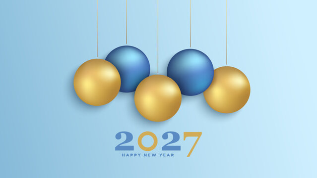2027 Happy New Year holiday banner with gold and blue colored hanging Christmas Balls. Vector illustration.	