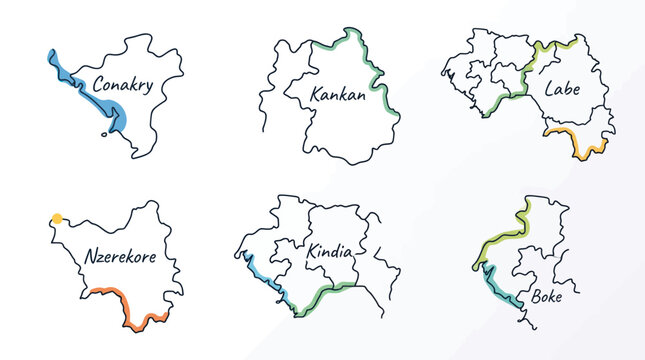 Map of Guinea Regions: Conakry, Kankan, Labe, Nzereroke, Kindia, Boke