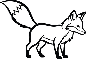 Obraz premium Black and white cartoon fox with long bushy tail standing alone