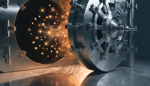 Open bank vault door with glowing golden digital energy particles, security