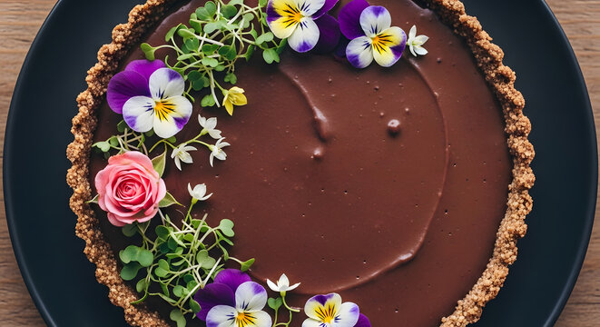 Decadent chocolate ganache tart decorated with fresh edible flowers and microgreens, perfect for special occasions.