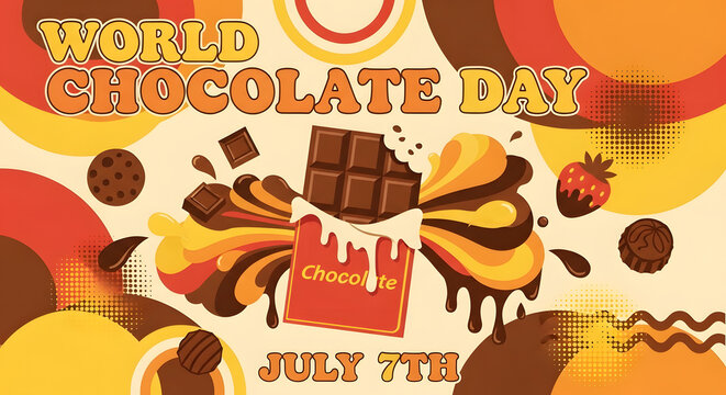 World chocolate day poster with retro 1970s illustration style.
