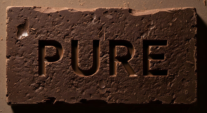 Pure text engraved into rough dark chocolate brick texture.