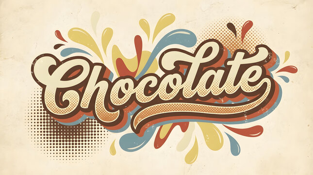 Vintage style chocolate typography illustration with colorful splash elements and halftone dots.
