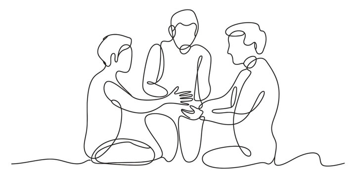 Three people sitting in a circle talking as a continuous single line drawing