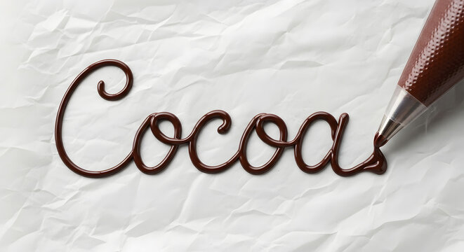 Dark chocolate lettering written with piping bag on crumpled paper.