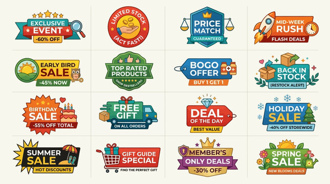 Collection of colorful sale and discount badges, banners, and icons for retail promotions, advertising, and marketing campaigns, featuring exclusive offers and special deals