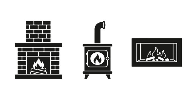 Fireplace Wood Stove And Insert Silhouette Collection On White Background